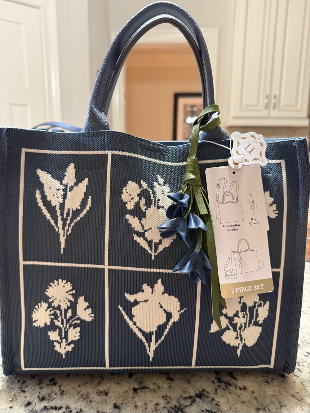 Nanette Lepore Navy and White Floral Knit Tote with Charm